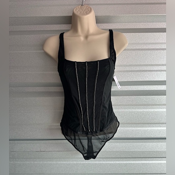 Women’s AUDEN Sexy Black Sheer Rhinestone Bling BODYSUIT NWT Size Small - Picture 1 of 11